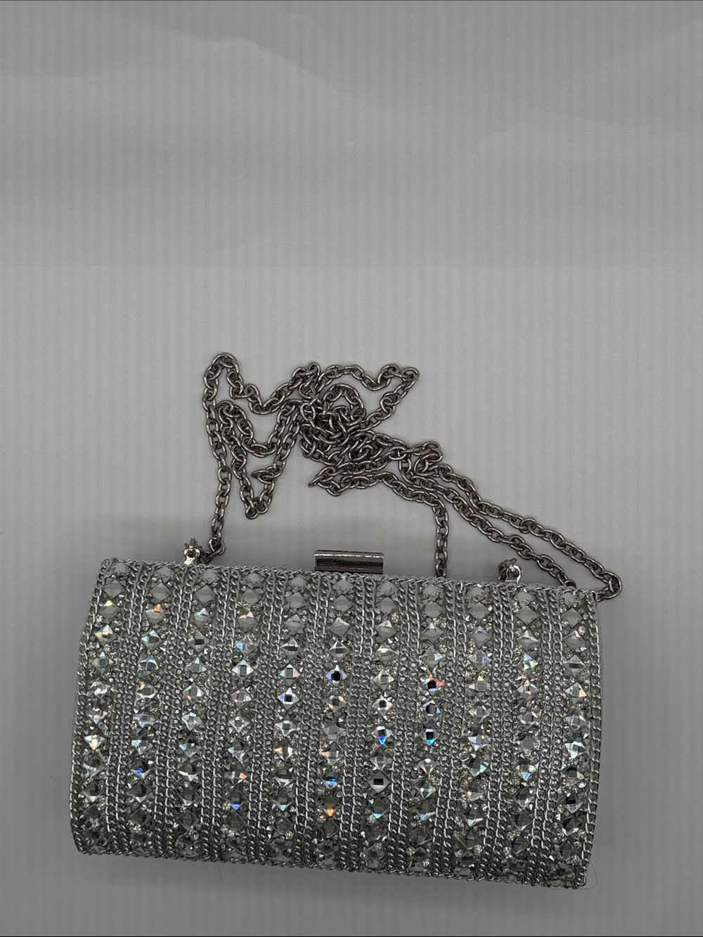 Inc Silver Crystal-Embellished Evening Clutch with Chain